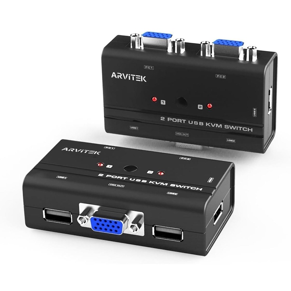 ARVITEK 2 Port USB VGA KVM Switch 2 PC 1 Monitor 3 USB Devices Black